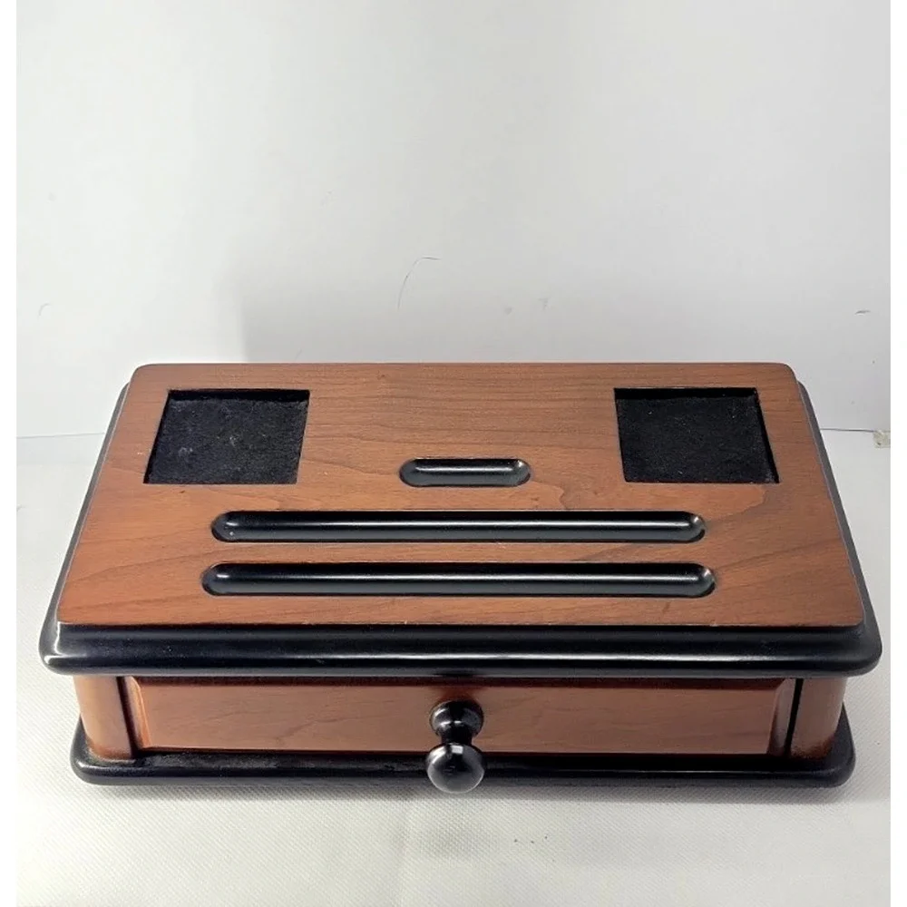 Vintage Wooden Desk Organizer Pen Holder w/ Drawer Felt Compartments Office...